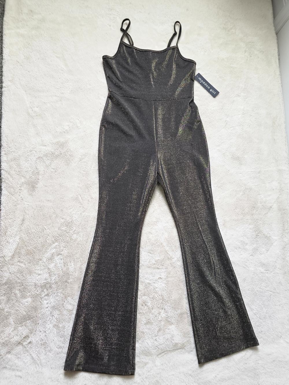 Madden Girl Black Metallic Glitter Spaghetti Strap Jumpsuit